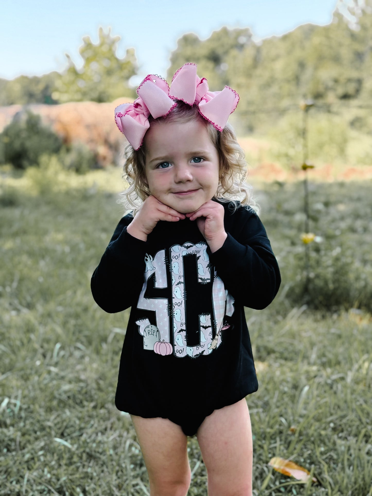 pink halloween monogram sweatshirt romper 🕸️