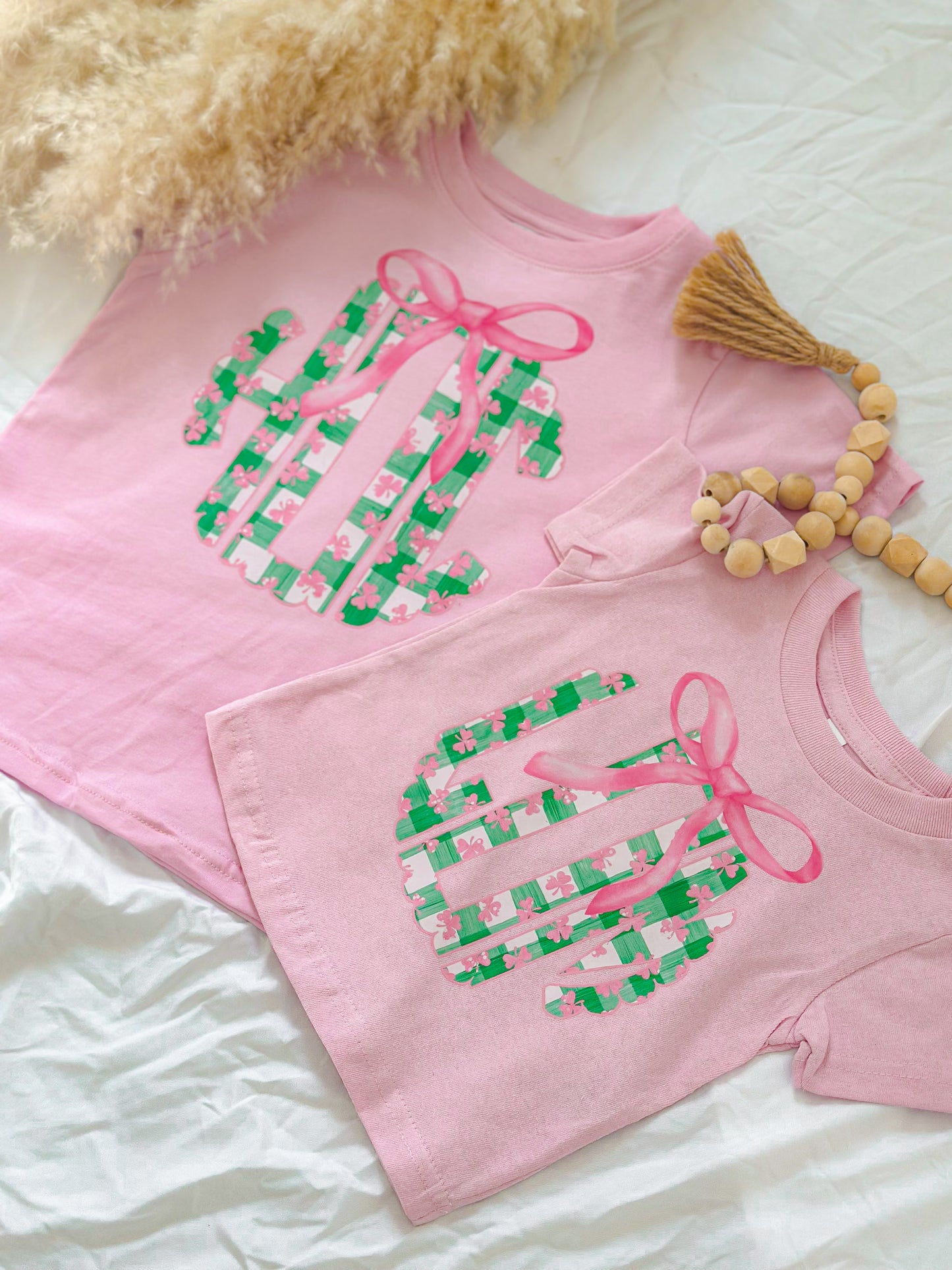 pink shamrock gingham monogram tee