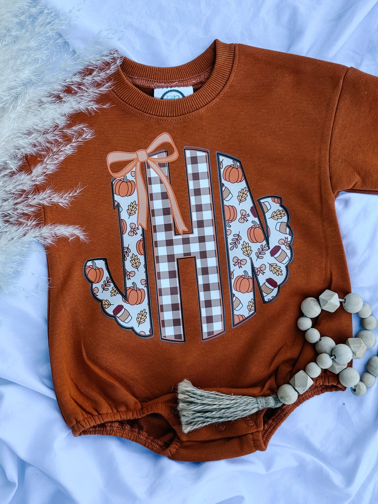 fall scalloped monogram sweatshirt romper