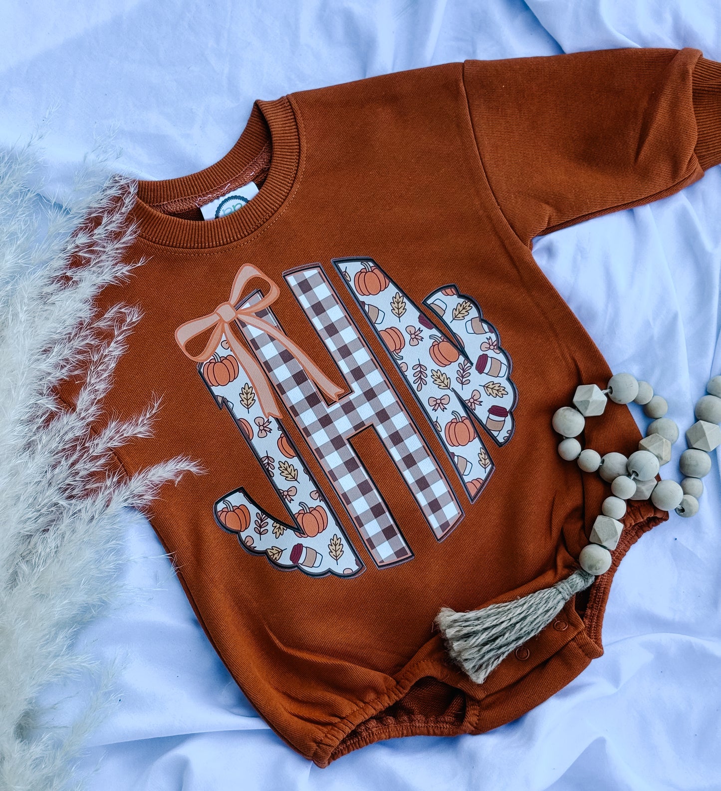 fall scalloped monogram sweatshirt romper