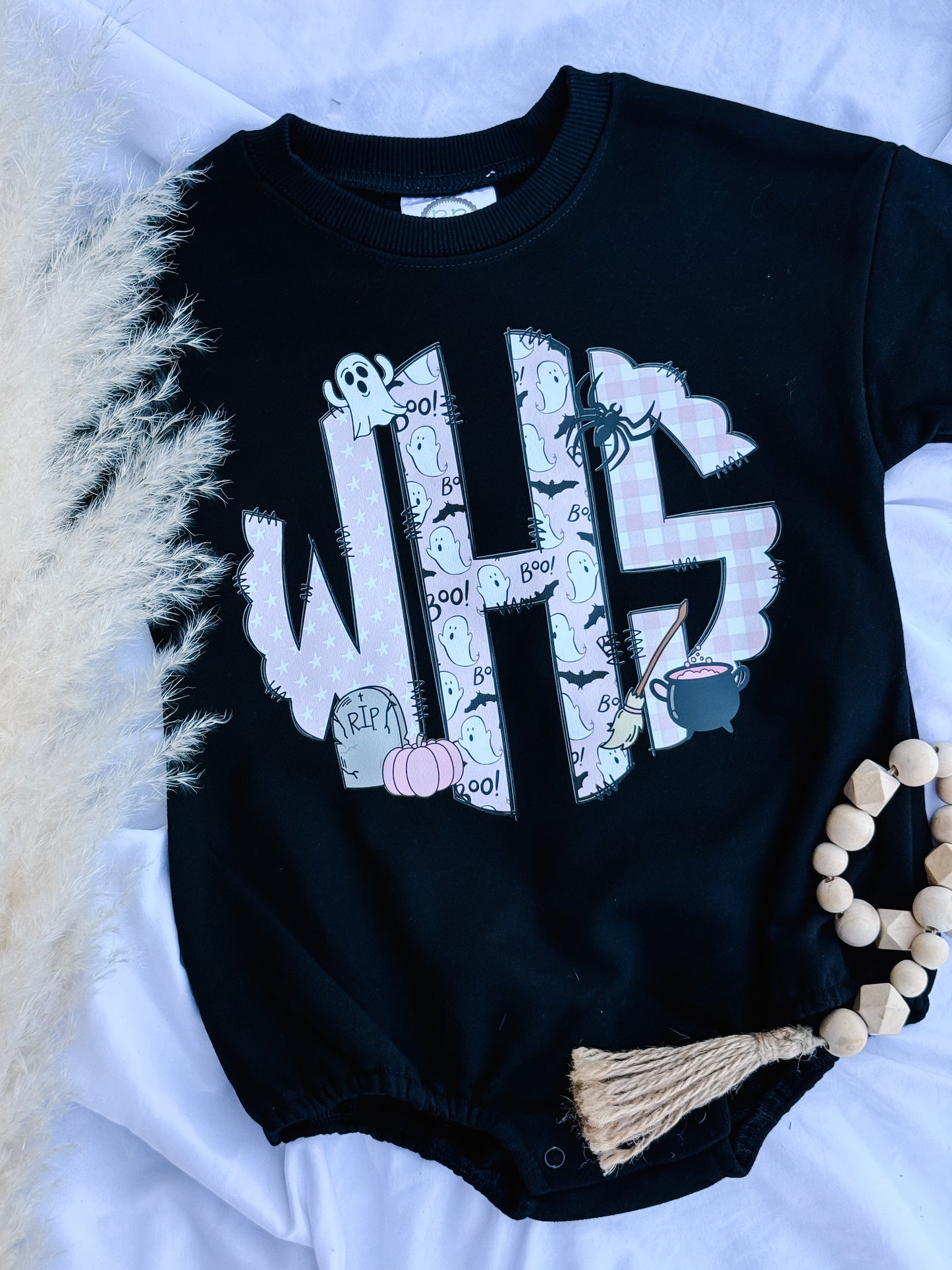 pink halloween monogram sweatshirt romper 🕸️
