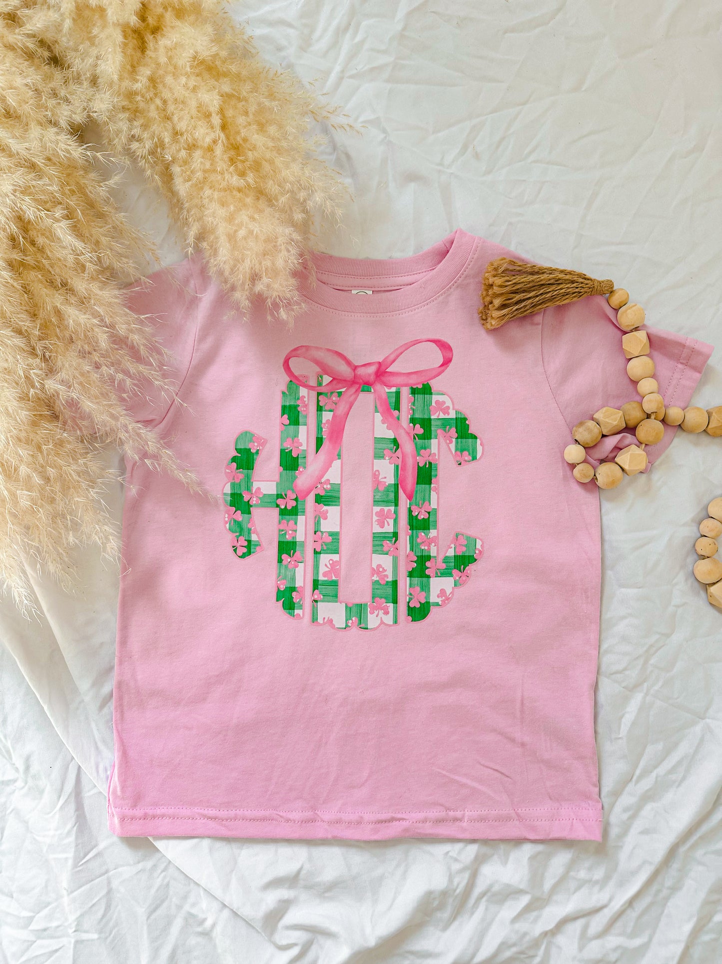 pink shamrock gingham monogram tee
