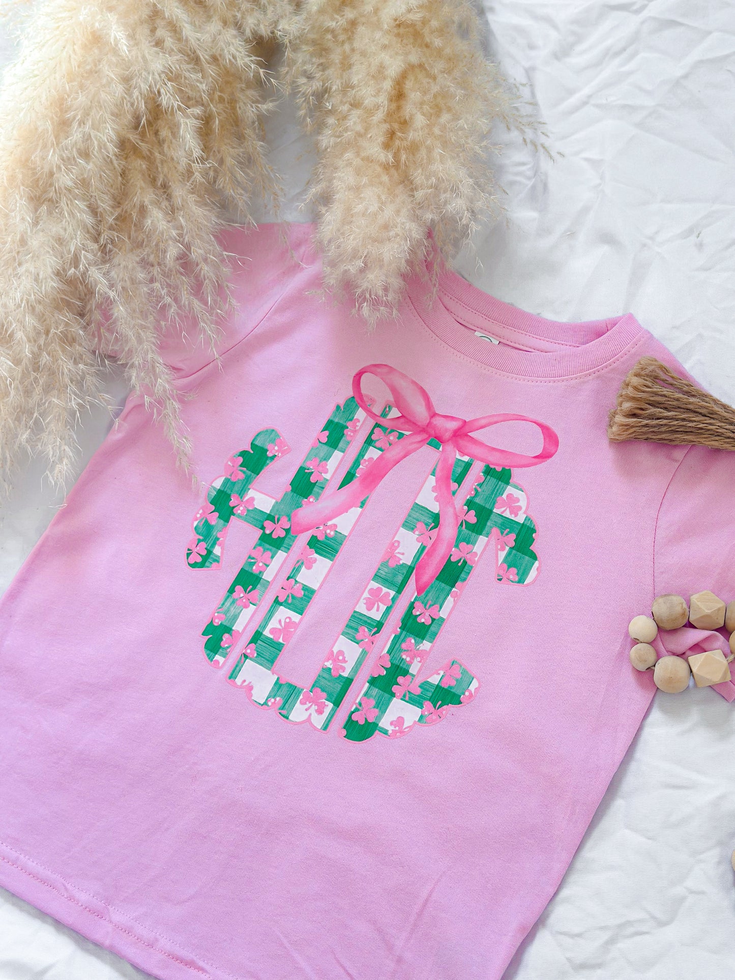pink shamrock gingham monogram tee