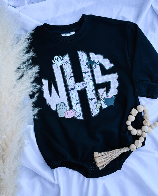 pink halloween monogram sweatshirt romper 🕸️