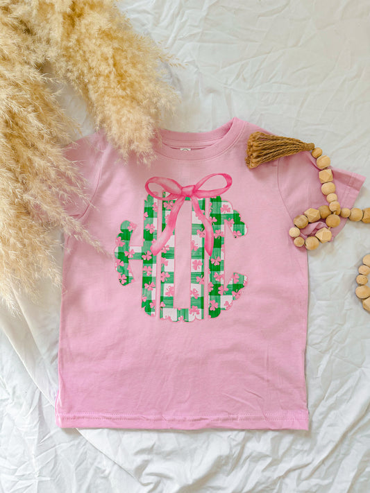 pink shamrock gingham monogram tee